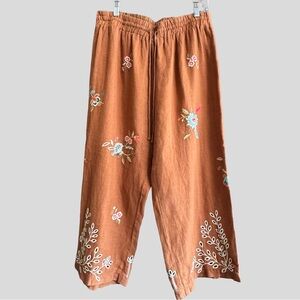 Johnny Was Workshop Lidia Floral Embroidered Linen Pants Wide Leg Cropped
